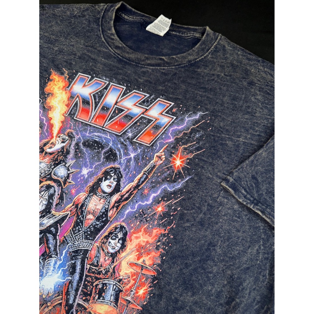 KISS Band Graphic T-Shirt Mens Large Blue Acid Wash Fruit of the Loom HD Cotton